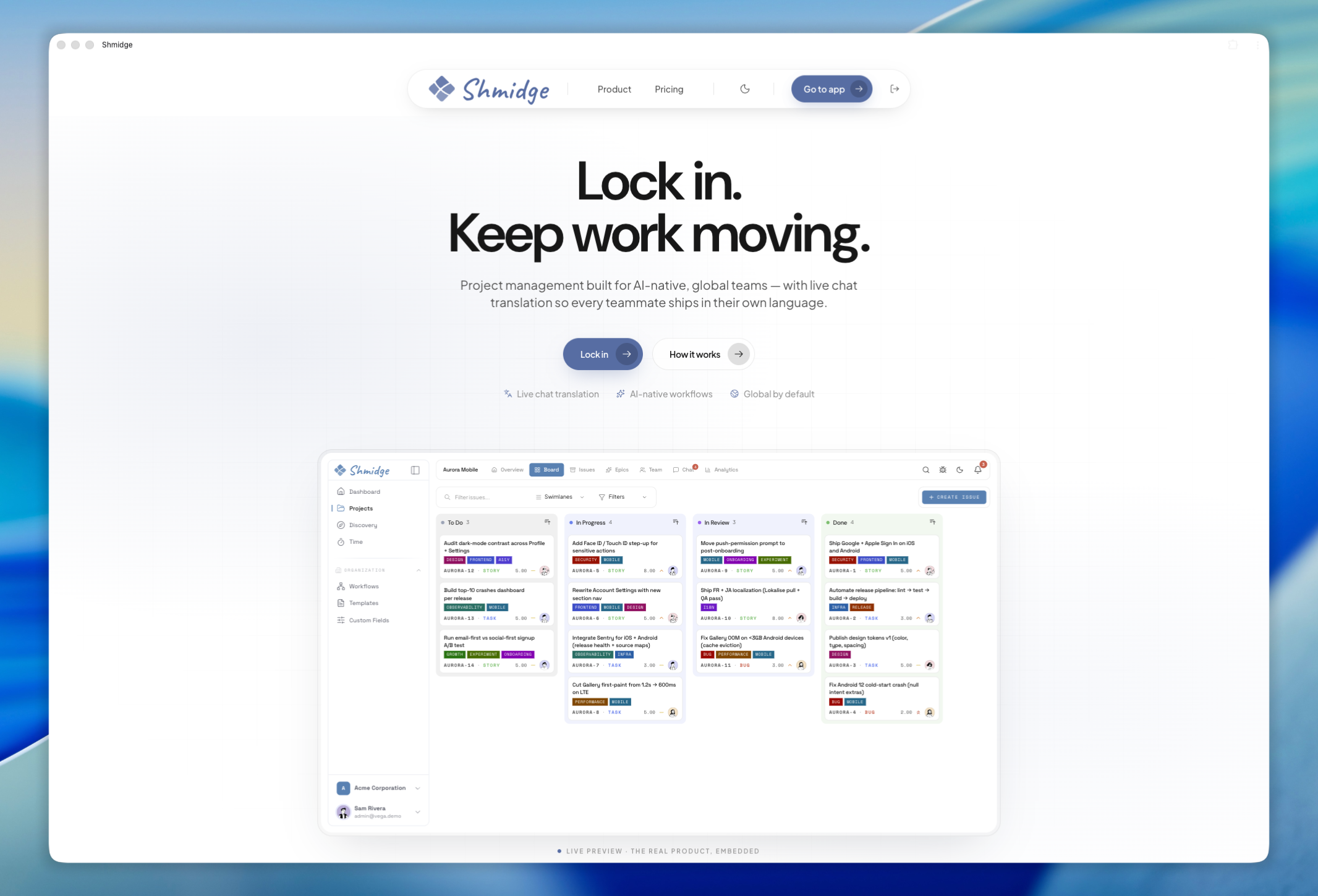 Shmidge landing page — Lock in. Keep work moving.
